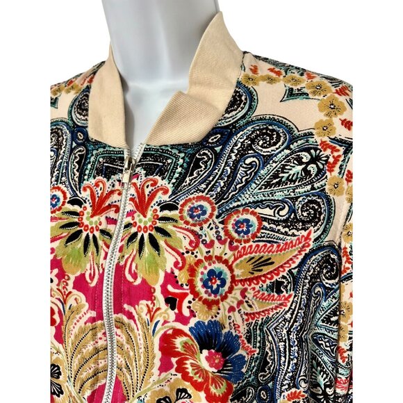 Angie Colorful Bohemian Paisly Print Bomber Jacket floral bright cream pink blue - Picture 2 of 9